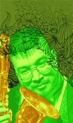 Illustration of Fred Ho with his saxophone.