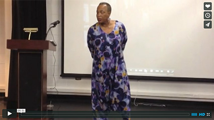 A still frame from a video of Rhodessa Jones speaking, taken on Sept. 25, 2013.